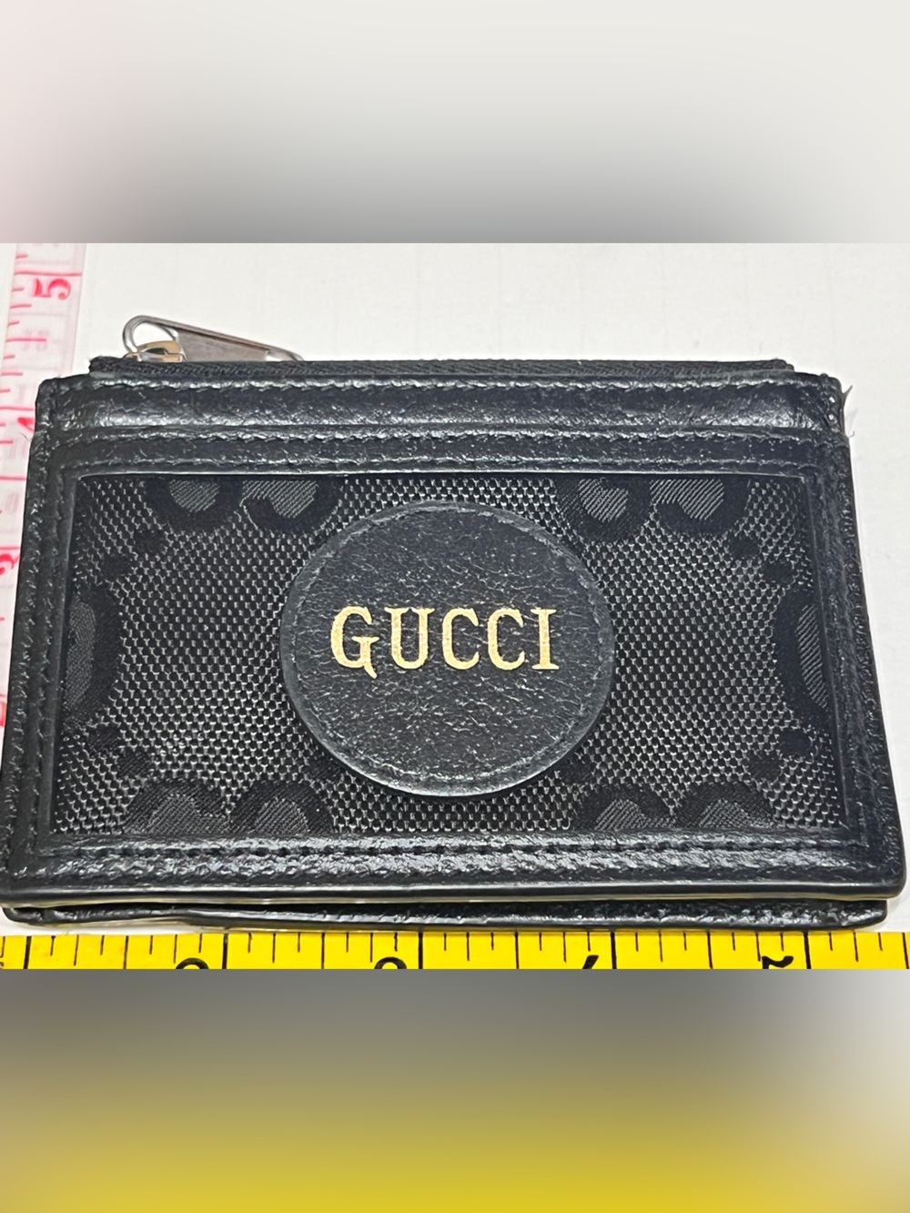 Gucci Black Leather and Canvas Card Holder with Gold Logo